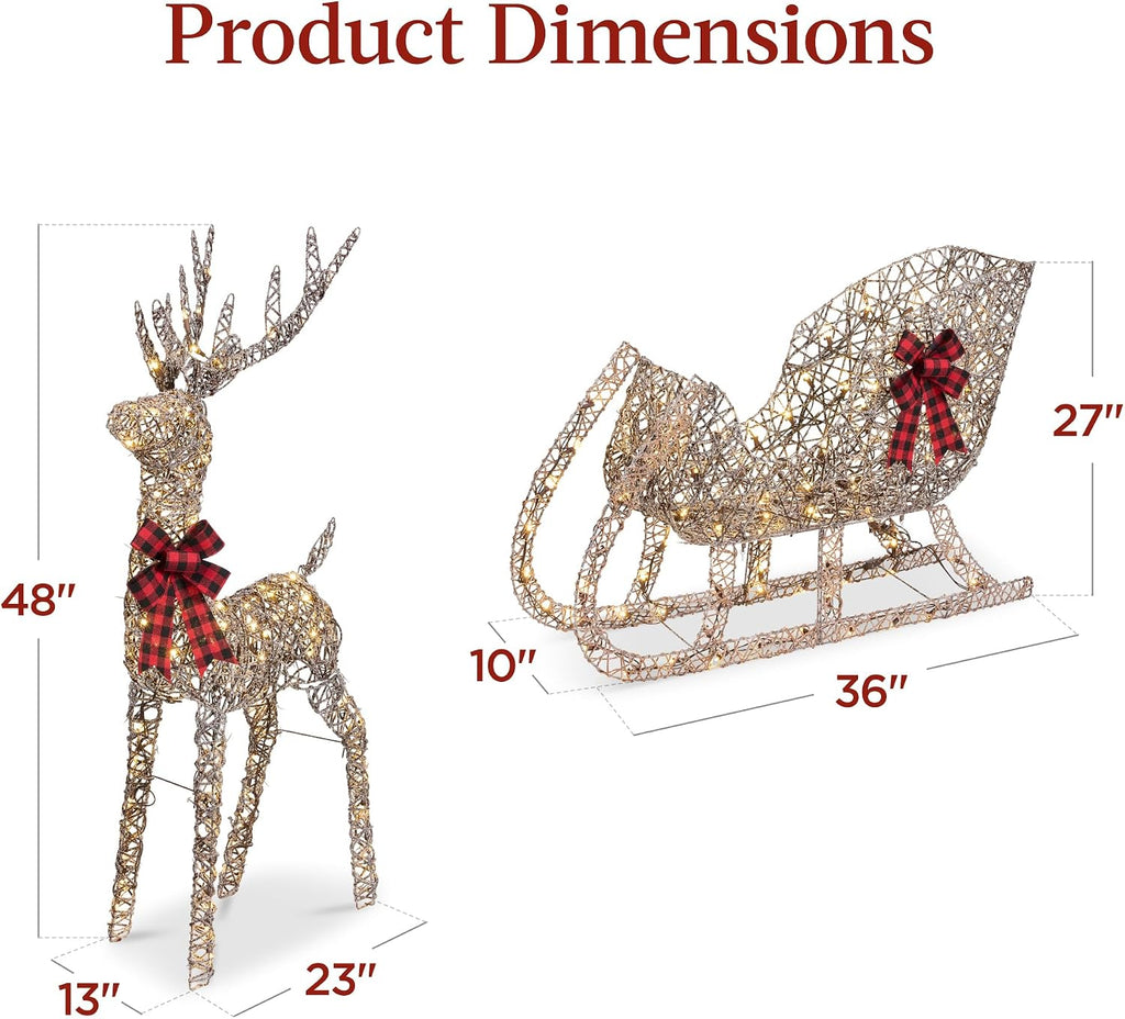 Lighted Christmas 4ft Reindeer & Sleigh Holiday Outdoor Yard Decoration Set w/ 205 LED Lights, Stakes, Zip Ties