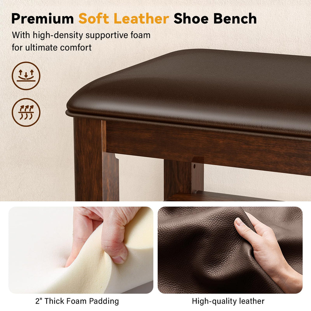 Shoe Bench with 3 Tier Adjustable Shelves Rubberwood Entryway 23.6''