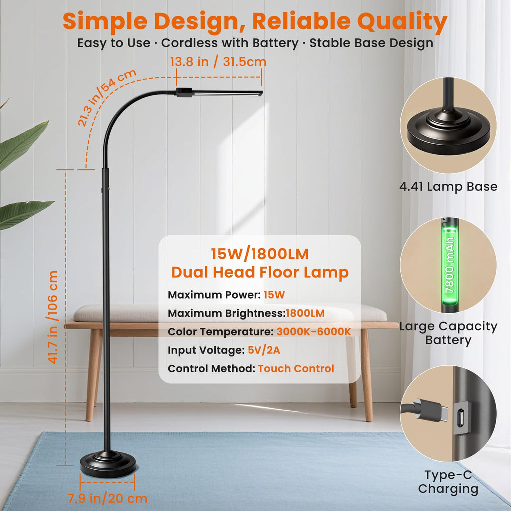 Cordless Floor Lamp Rechargeable LED Lamp with Dual Head, 15W, 7800mAh
