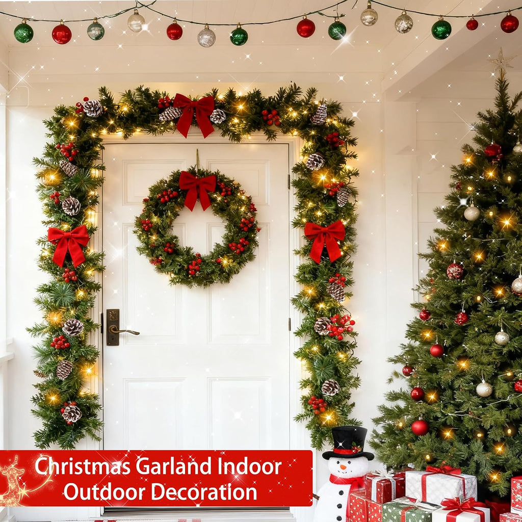 Timer & 8 Modes-9 Ft by 10 Inch Christmas Garland Decorations 50 Warm White Lights Lighted 270 Branch 70 Red Berries