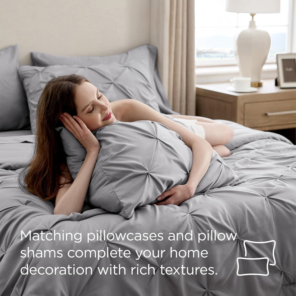 King Comforter Set - Bedding Sets King 7 Pieces, Pintuck Bed in a Bag Grey Bed Set with Comforter, Sheets