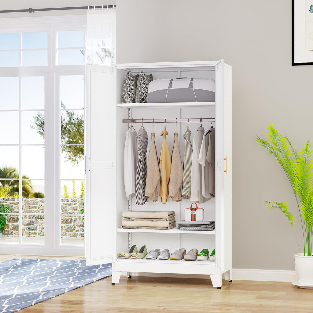 71 "Metal Armoire Wardrobe Closet, Steel Clothing Storage Cabinet with Adjustable Shelves and Hanging Rod, Household