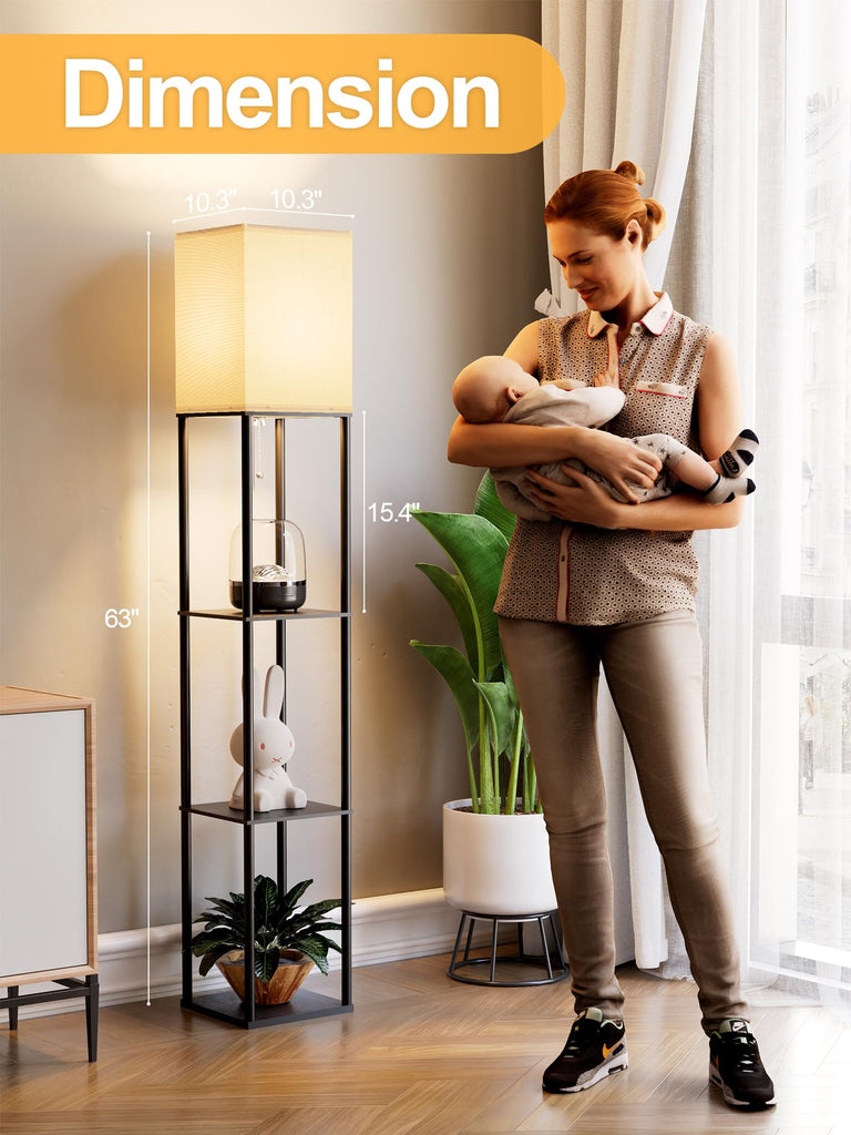 Floor Lamp with Shelves, Shelf Floor Lamp with 3 CCT LED Bulb, Corner Display Standing Column Lamp Etagere Organizer