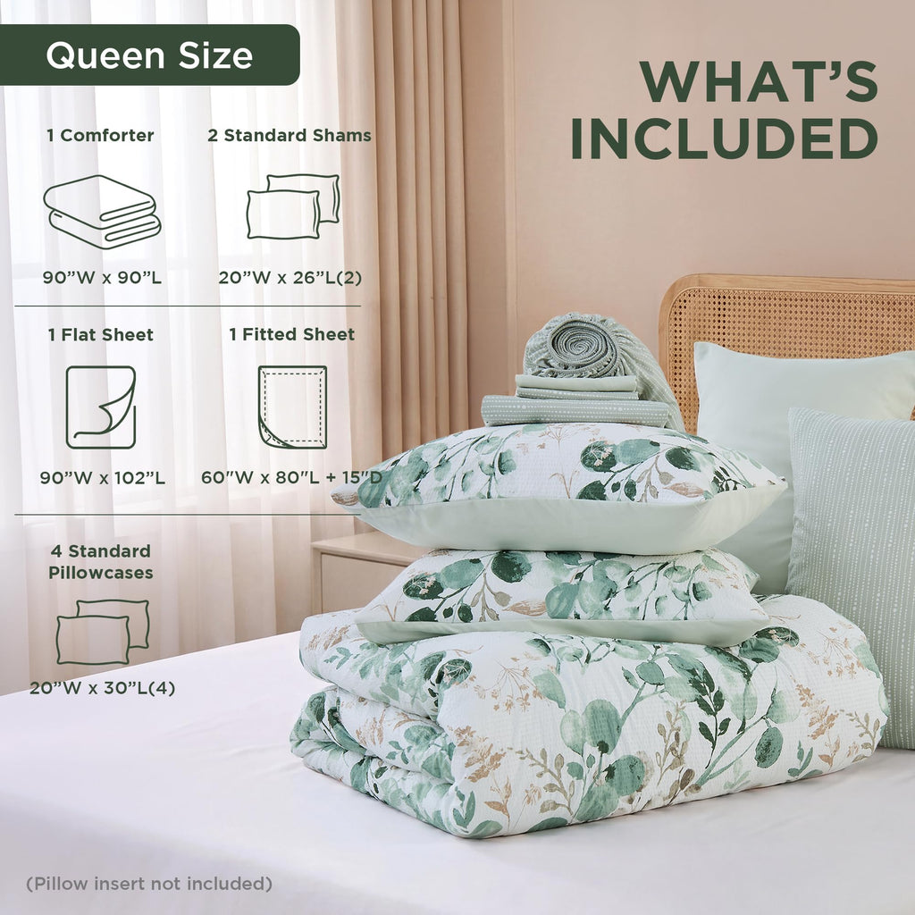 Lightweight Seersucker Botanical Comforter Set, 9 Pieces Reversible Design Bed in A Bag Set, Premium