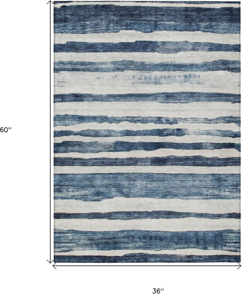 3' X 5' Denim Blue and Gray Striped Washable Indoor Outdoor Area Rug