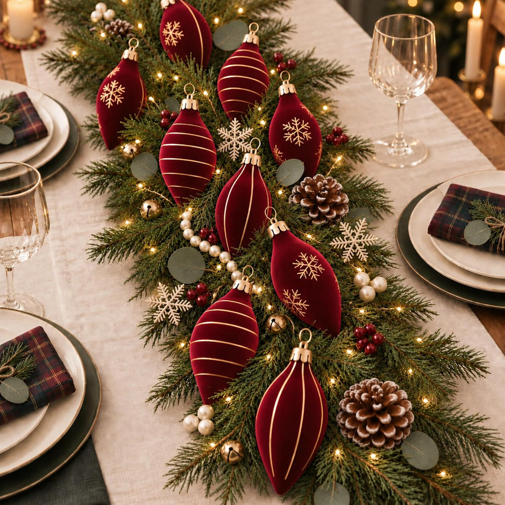 Burgundy Red 16 Pcs Velvet Ornament Set for Christmas Tree-6.7 Inch Flocked Finish Finial Drop Ornaments, Hanging