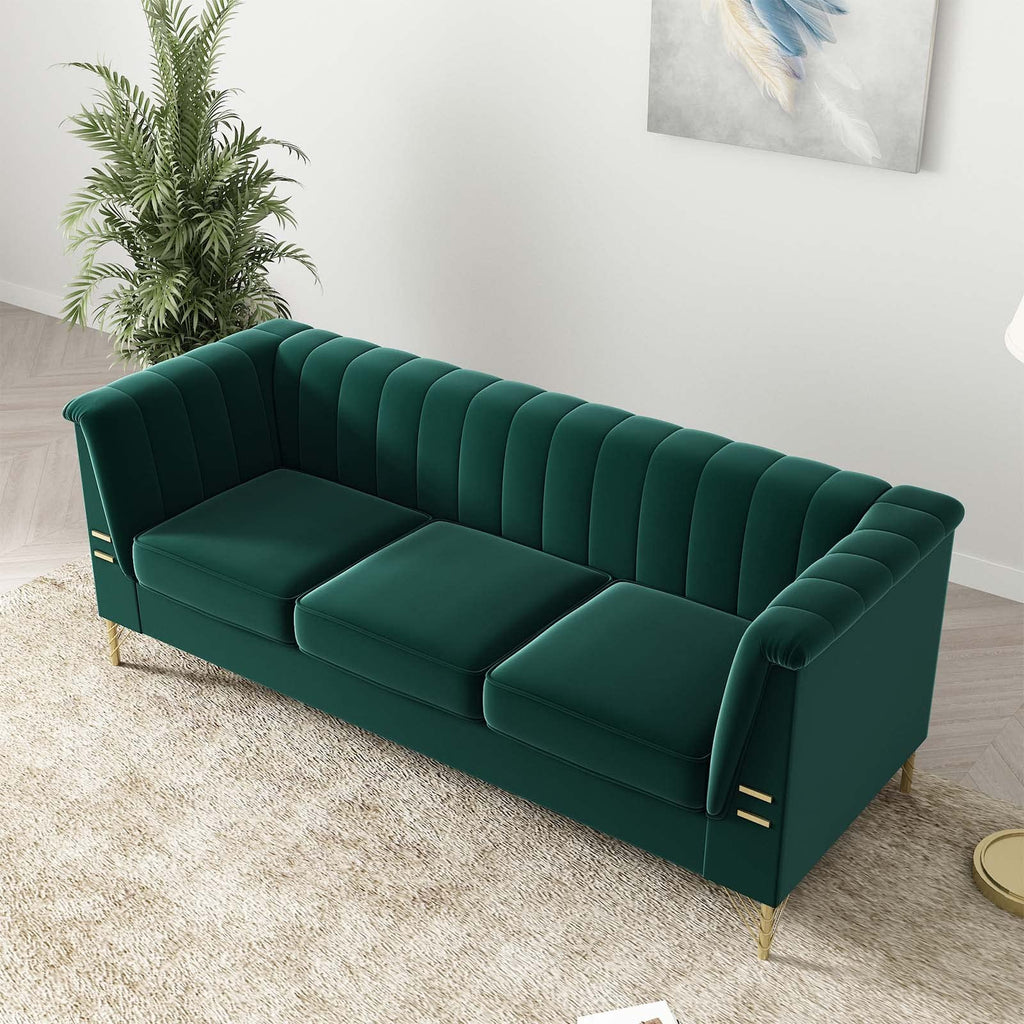 Emerald Green Couch Sofa, 83" Mid-Century Modern Tufted Chesterfield Sofa with Flared Arms and Removable Cushions
