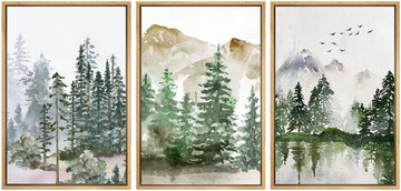 Framed Canvas Print Wall Art Set Pastel Mountain Range Forest Mist Nature Wilderness Illustrations Modern Art