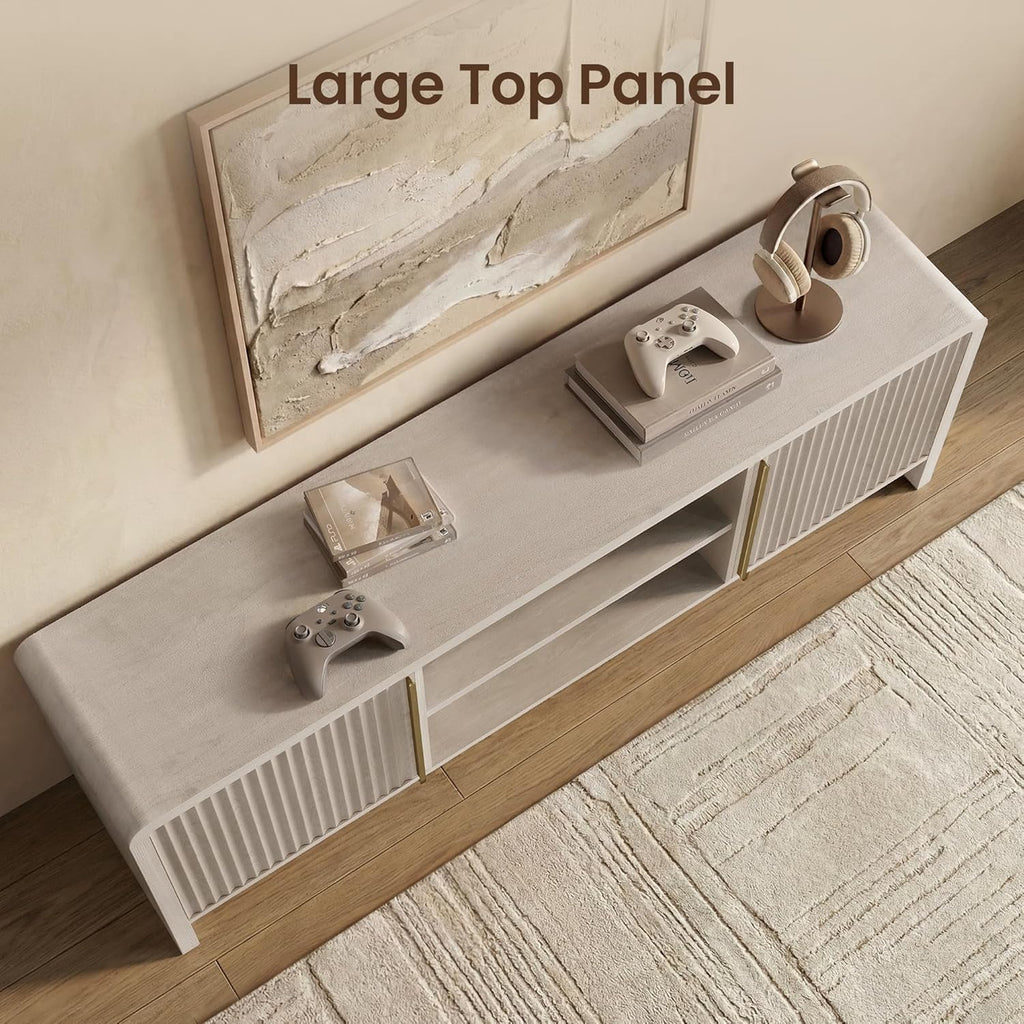 70" Fluted TV Stand with LED Light for TVs up to 80 Inch, Modern Television Console Storage Cabinet with Adjustable
