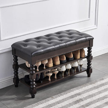Shoe Bench, Wood Storage Bench with Cushion Seat, Shoe Rack with Hidden Storage Space Living Room Bedroom Hallway