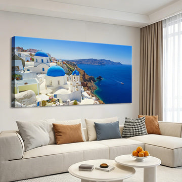 Santorini Greece Wall Blue Dome Ocean Canvas Print Decor 24"x48"