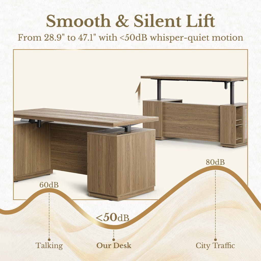 70" Standing Desk with Storage, Executive Electric Height Adjustable Stand Up Desk with AC/USB, Privacy Panel, Large