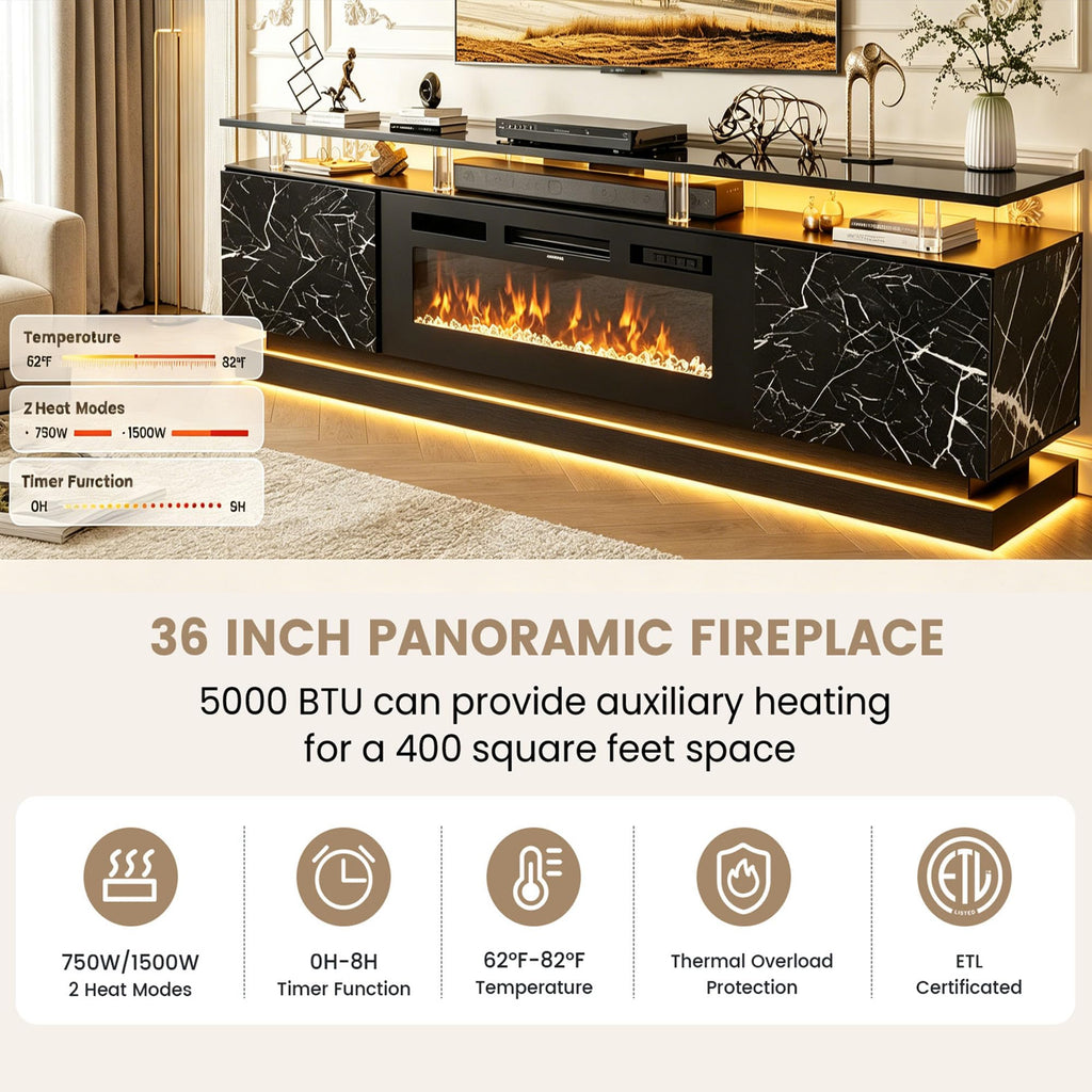80" Modern Fireplace TV Stand Entertainment Center, Marble Black