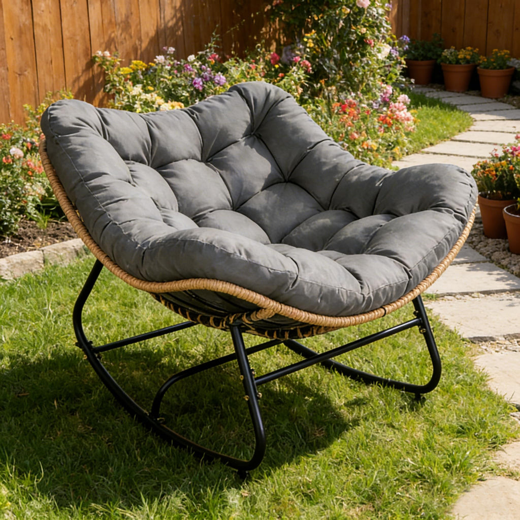 Oversized Wicker Rocking Chair Indoor Outdoor, 450 LBS Heavy Duty Patio Papasan Egg Chair with Cushion, E-Coated