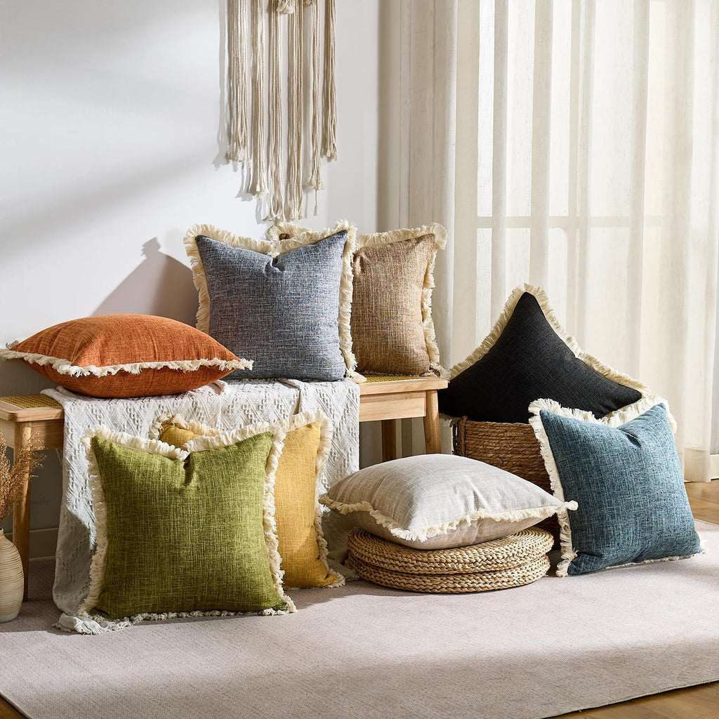 Boho Pillow Covers 16x16 Faux Linen Couch Pillow Covers with Fringe Farmhouse Rustic Decorative Pillows Case Black