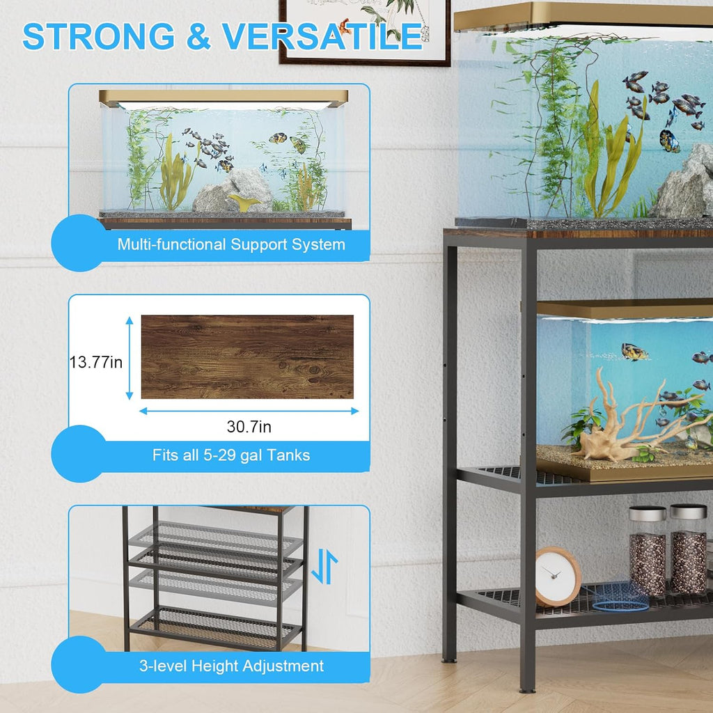20-29 Gallon Fish Tank Stand, 3-Tier Adjustable Large Aquarium Stand, Metal Reptile Breeder Turtle Terrarium Rack