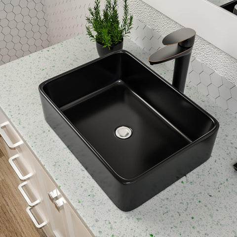 Black Vessel Sink Rectangle, Dcolora 19"x15" Matte Black Bathroom Vessel Sink Rectangular Above Counter Ceramic