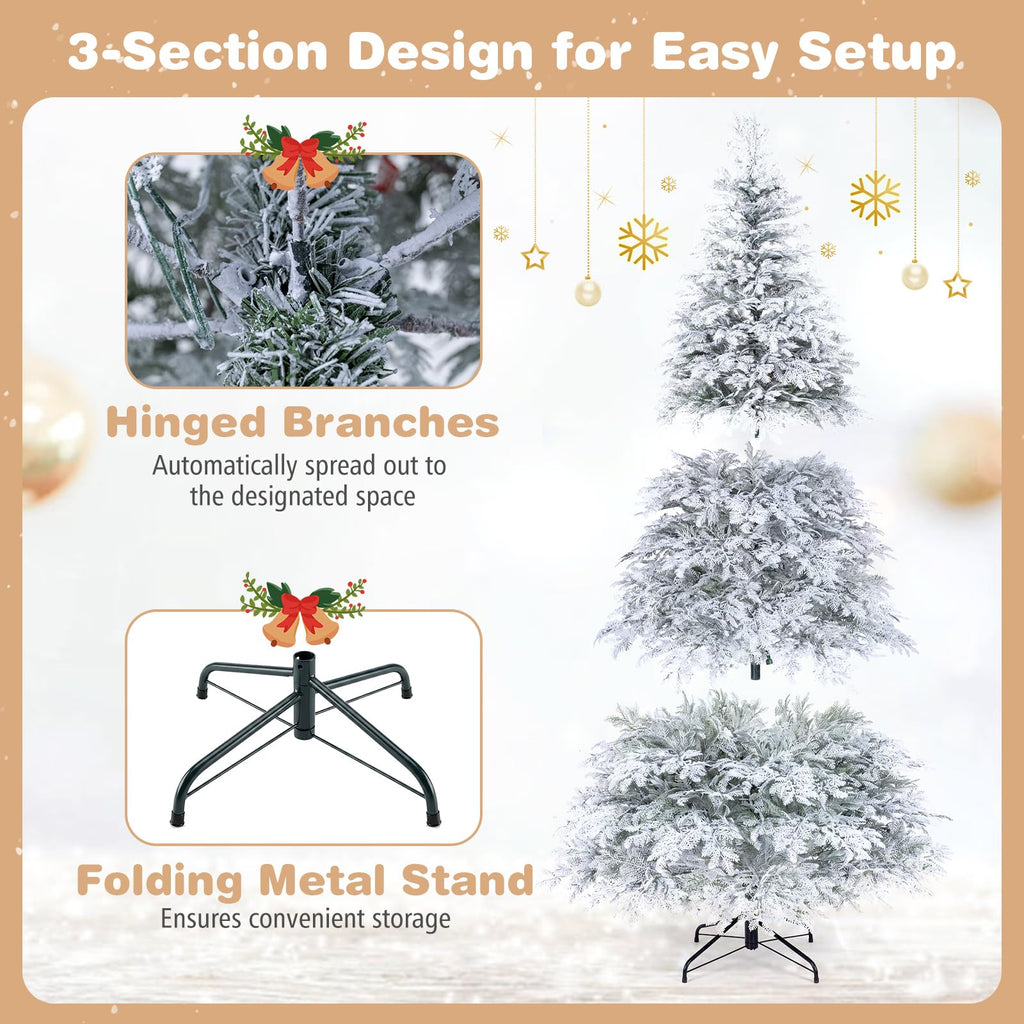 7FT Pre-lit Christmas Tree, Snow Flocked Artificial Christmas Tree