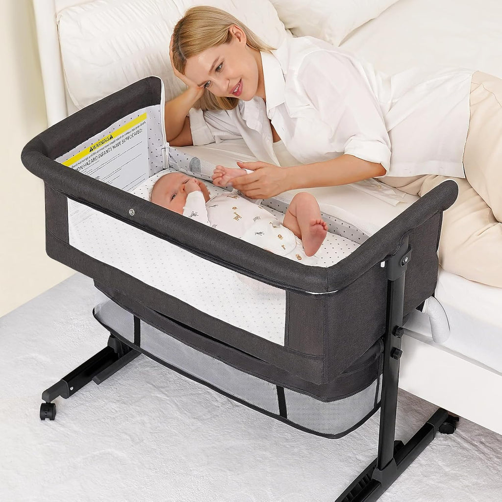 Bassinet, 3 in 1 Bedside Bassinets for Baby, Bassinet Bedside Sleeper with Wheels, Adjustable Height with Rocking