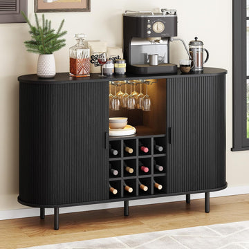55" Fluted Wine Bar Cabinet with LED Light Black | Liquor Coffee Bar Cabinet, with Wine Rack and Glass Holder