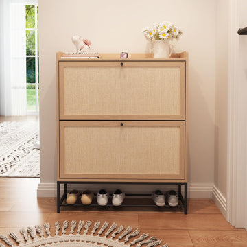 Narrow Shoe Storage Cabinet with 2 Flip Drawers, Freestanding Shoe Organizer Slim Shoe Cabinet Storage, Wooden Closed