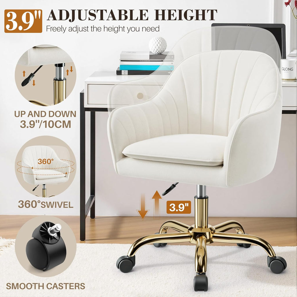 Vanity Chair with Wheels, Comfy Home Office Desk Chairs Adjustable Modern Velvet Makeup Vanity Chairs for Bedroom