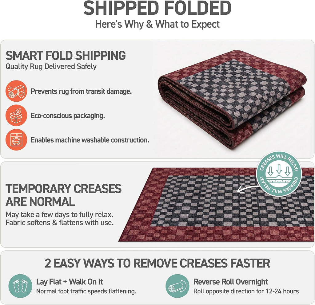 Checkerboard Washable Non-Slip Area Rug, Dark Gray/Red