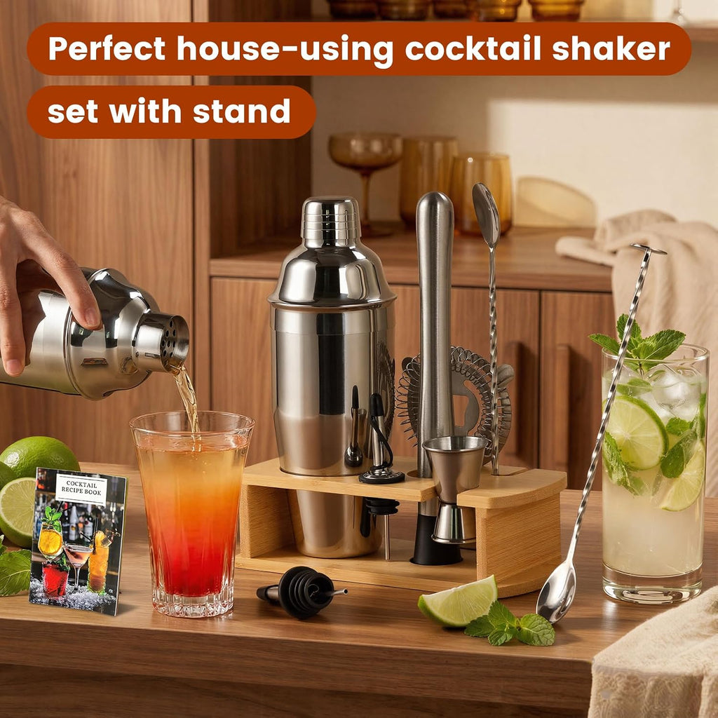 8-Piece Cocktail Shaker Set with Wooden Stand Bartender Kits Bar Set - Set of 8