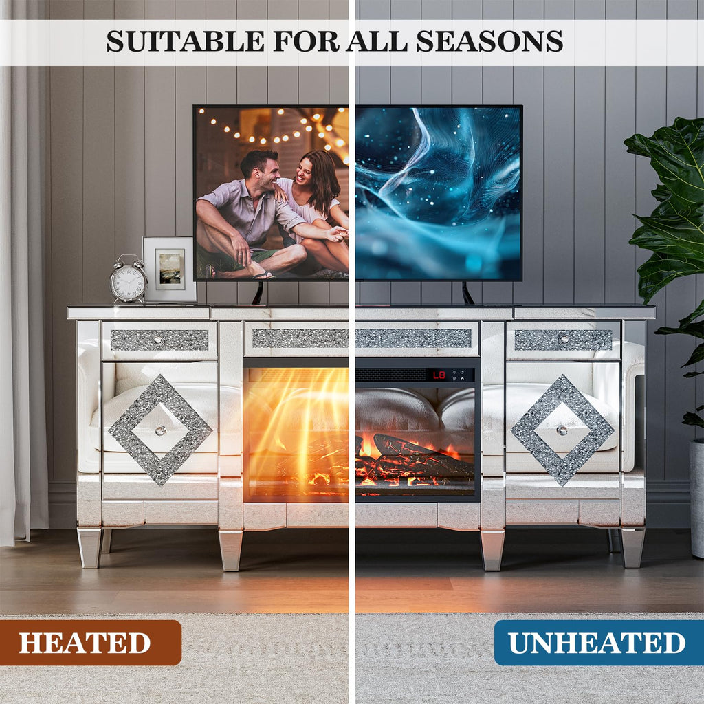 Mirrored TV Stand with Fireplace, 2 Drawers & Cabinets for 65"+ TVs