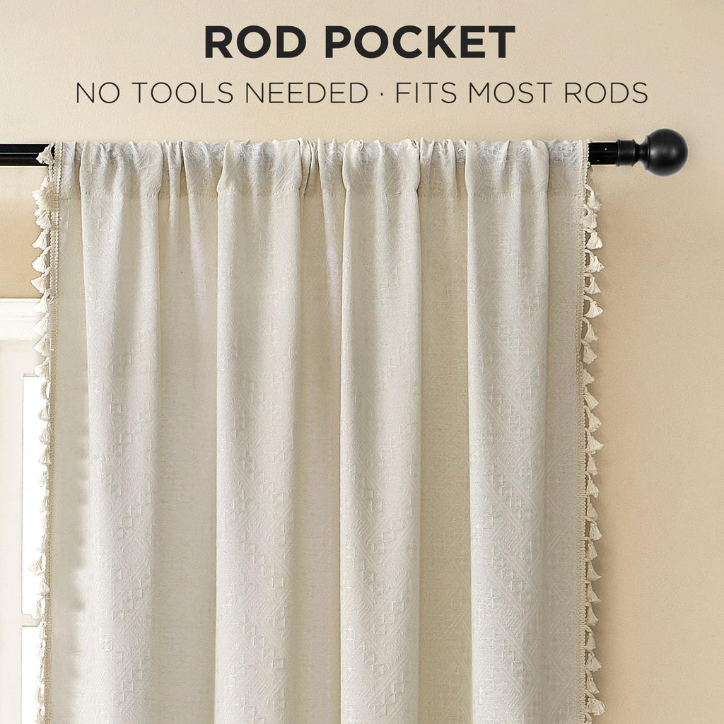 Boho Curtains 84 Inch, Linen Beige Curtain 2 Panels with Tassels