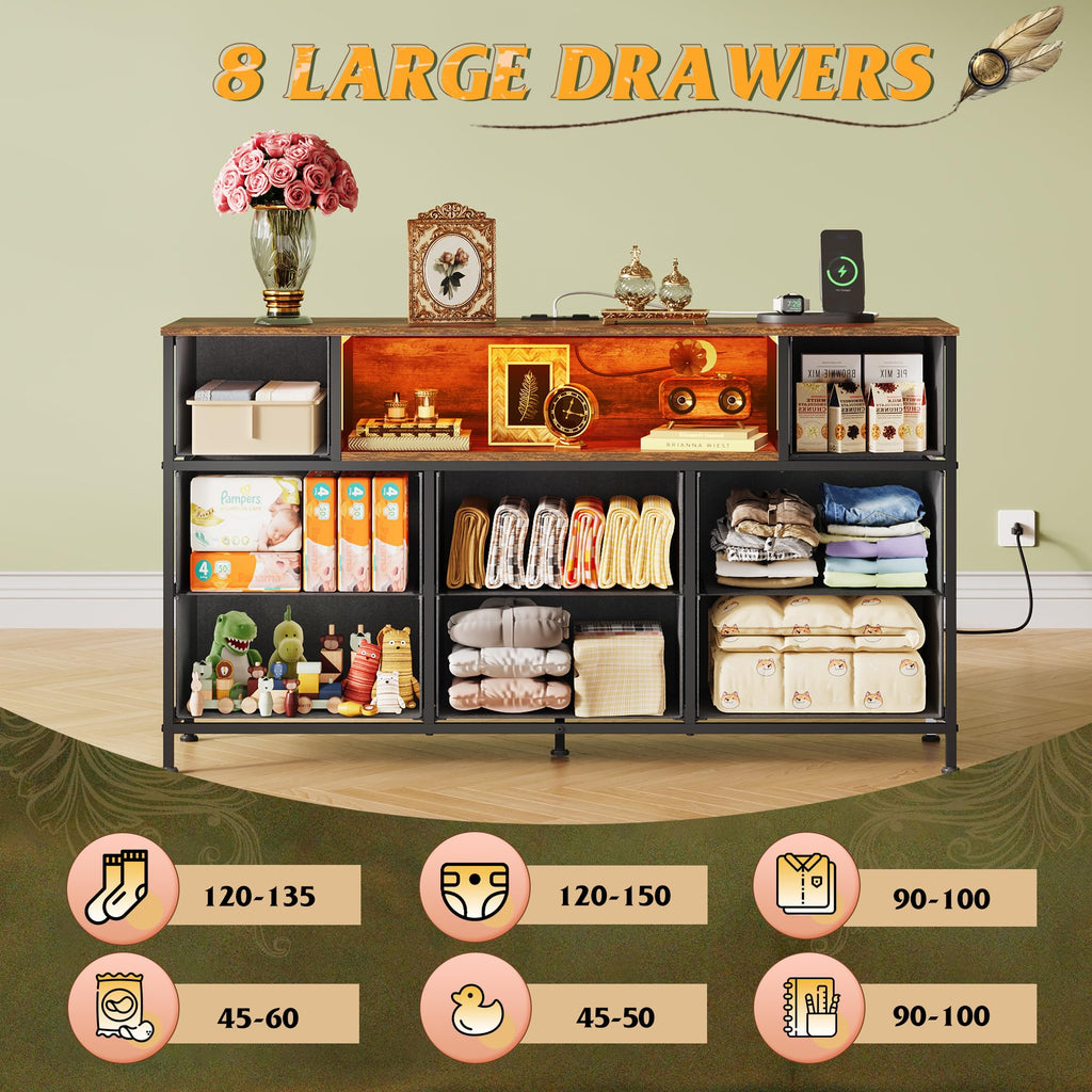 LED TV Stand for 55 Inch TV, 8 Fabric Drawers, Vintage