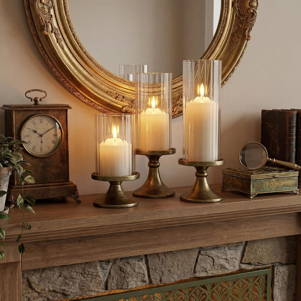 Ribbed Hurricane Glass Candle Holders, 3 Pcs Glass Cylinder Vases with 3 Pcs Unscented White Tall Pillar Candles for