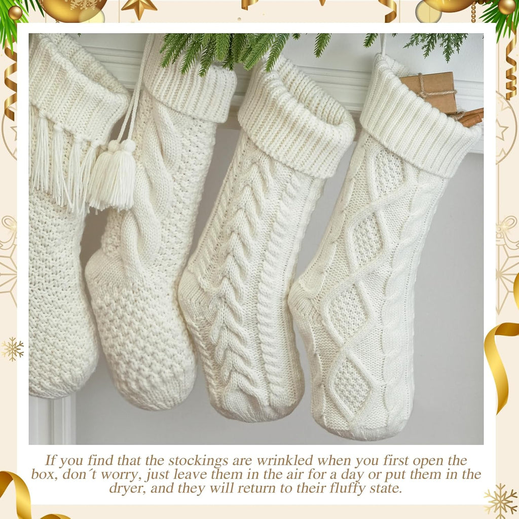 4 Pack White Knit Christmas Stockings - Large 18" Rustic Farmhouse Vintage Cable Knit Holiday Stockings, Cream Ivory