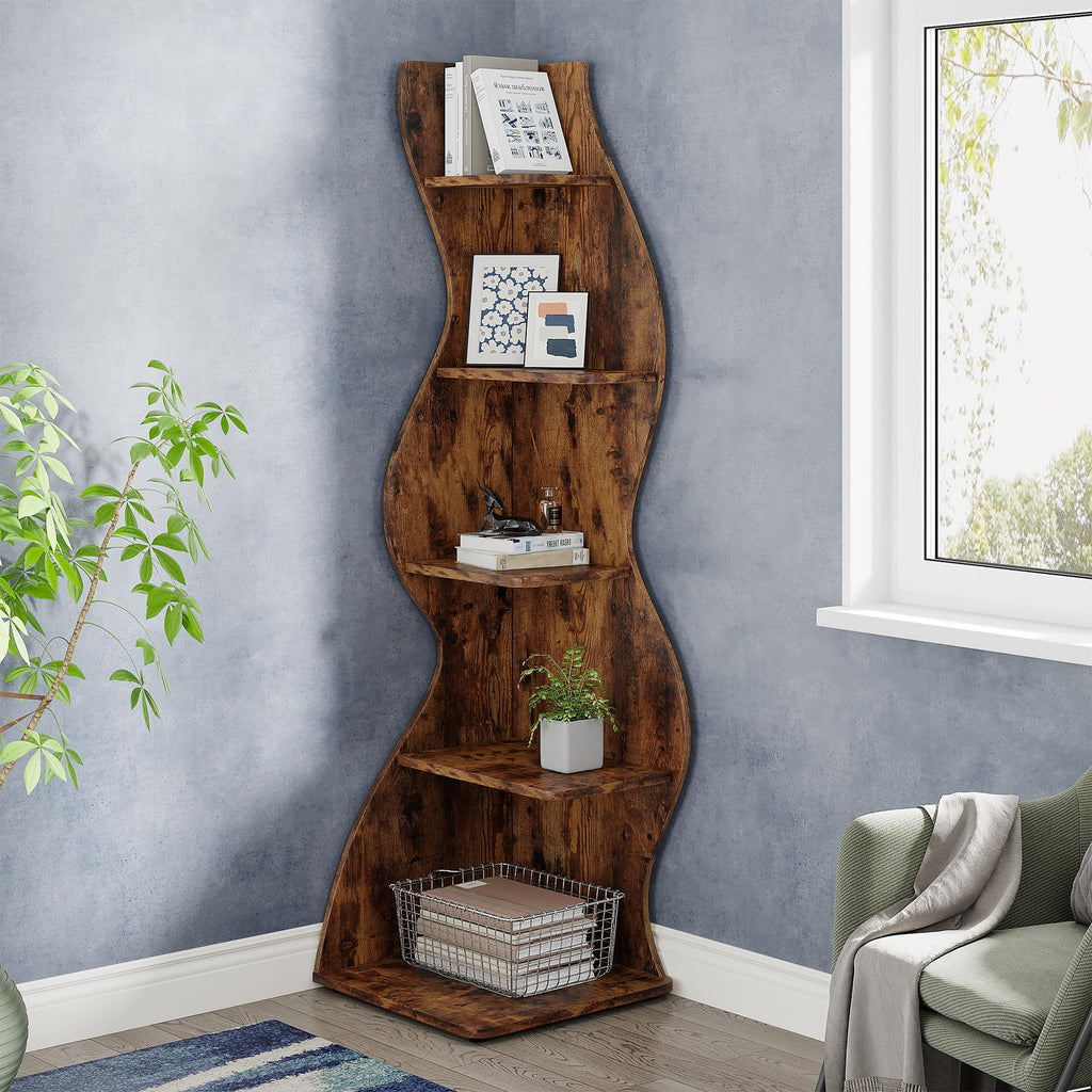 Corner Shelf, Rustic 5-Tier Wall Corner Bookshelf, Stylish Corner Small Bookcase Storage Rack Plant Stand with Unique