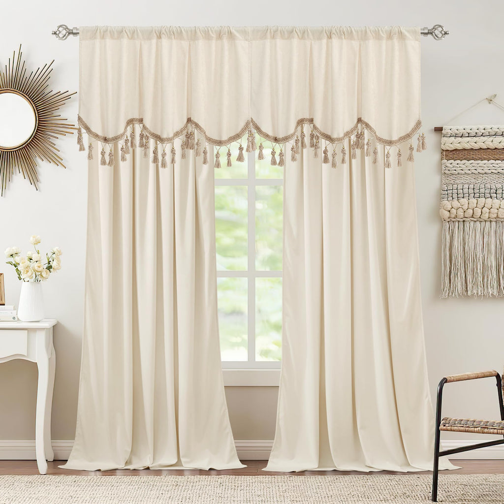 Luxury Velvet Valance with Tassel - Small Window (1 Panel, W52 x L18 Inch, Beige)