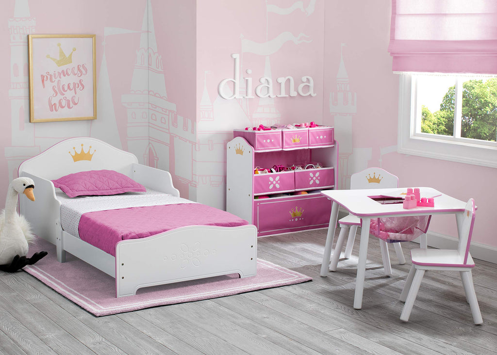 Children Princess Crown Kids Wood Table and Chair Set with Storage - Greenguard Gold Certified, White/Pink