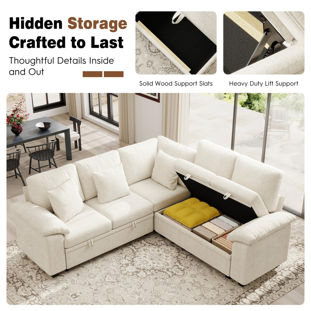 86" Modular Sectional Sofa with Pull Out Bed, 5-Seater L Shaped Sectional Sleeper Couch with Storage, Chenille