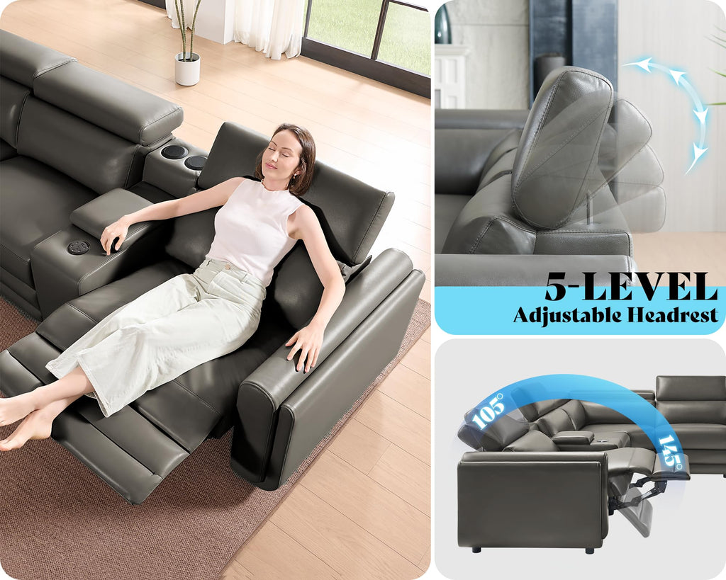 Oversized Power Recliner Sectional Sofa, Leather Recliner Sofa, Dark Grey