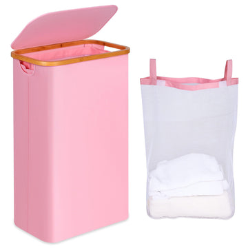 75L Slim Laundry Hamper, Narrow Laundry Basket with Lid,Foldable Clothes Hamper with Bamboo Handles,Hamper Basket