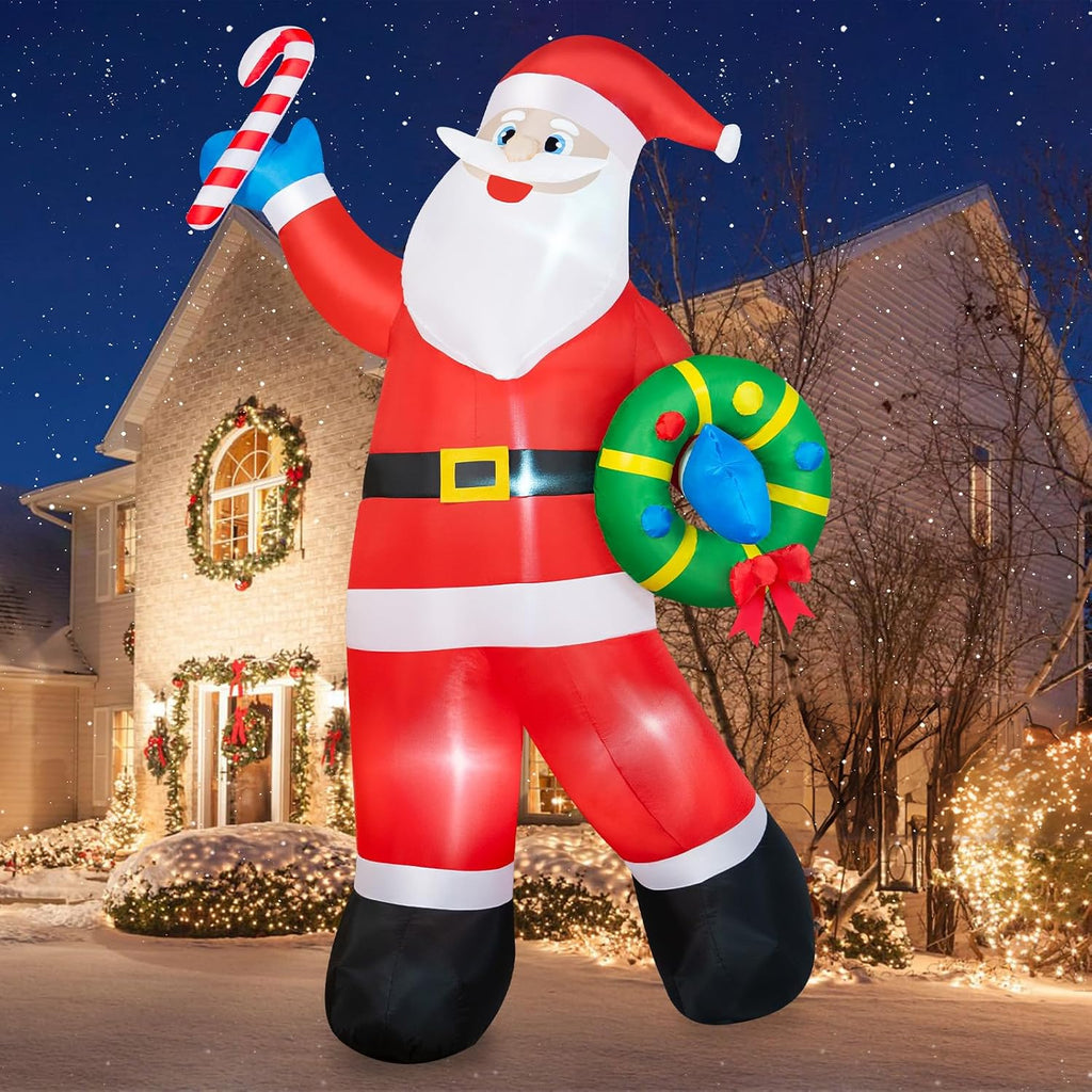 12FT Christmas Inflatables Santa Claus Outdoor Decorations, Giant Blow Up Santa Holding Garland Yard Decorations