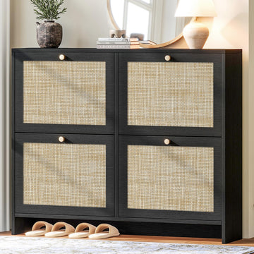 Shoe Cabinet Storage, 4-Flip Drawer Narrow Shoe Rack, Organic Modern Rattan Shoe Organizer, Shoe Organizer Fits