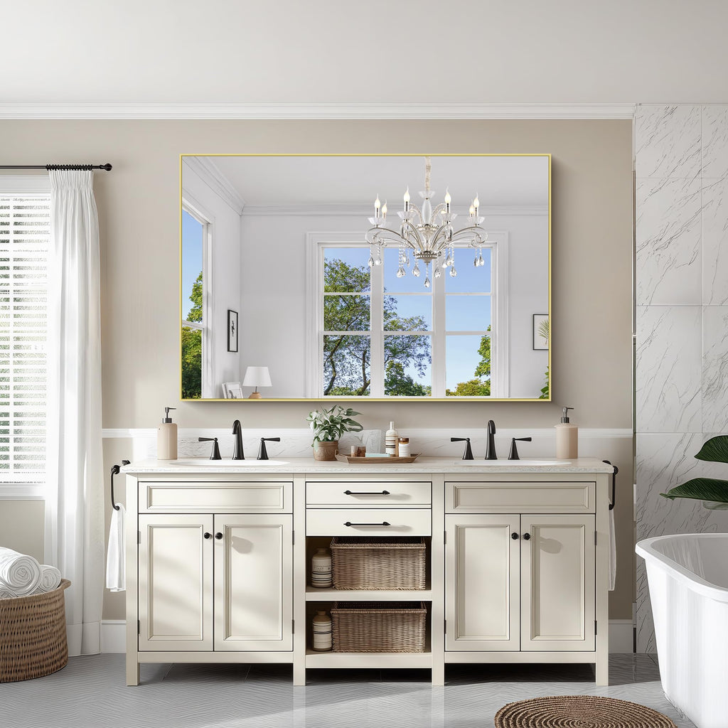 Large Gold Bathroom Mirror, 60x40 Inch Rectangular Mirror Sink, Oversized Wall Mirror with Metal Gold Frame
