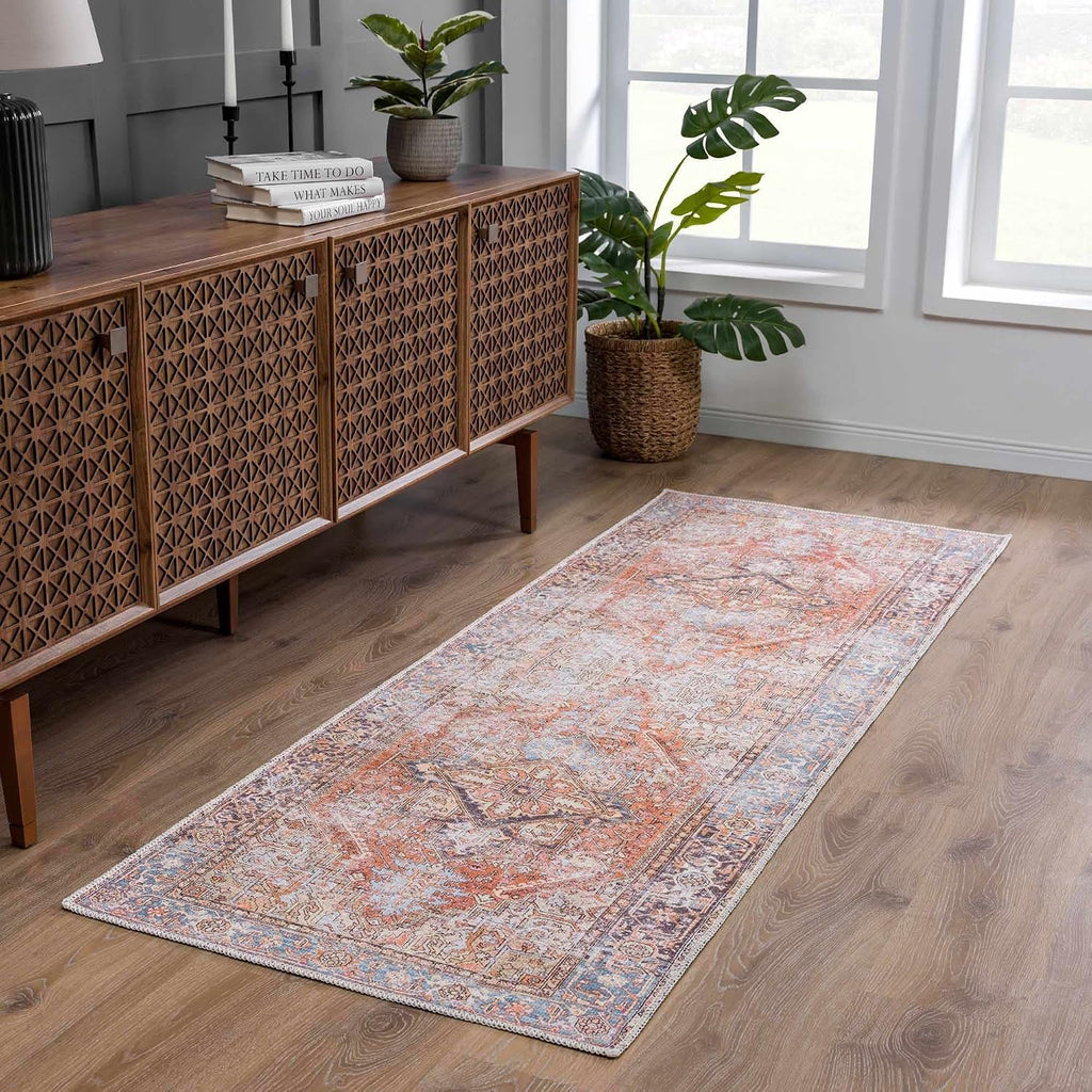 Georgia Eira Machine Washable Area Rug - Oriental Medallion Faded Style - Living Room Vintage Distressed Carpet