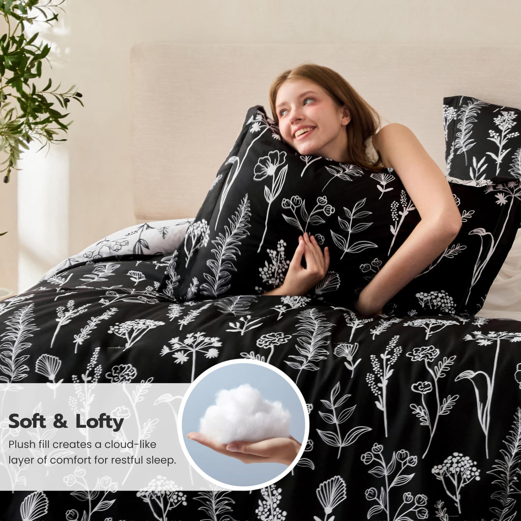 Floral Comforter Set Black Bedding Set - 3 Pieces Bed in a Bag with 1 Soft Reversible