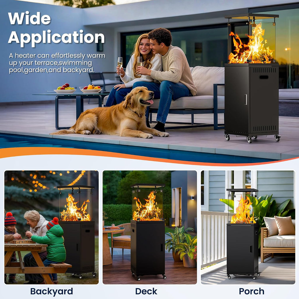 41,000 BTU Patio Heater,Propane Outdoor Heater With Cover,CSA Certificated, Lockable Wheels,Tempered Glass