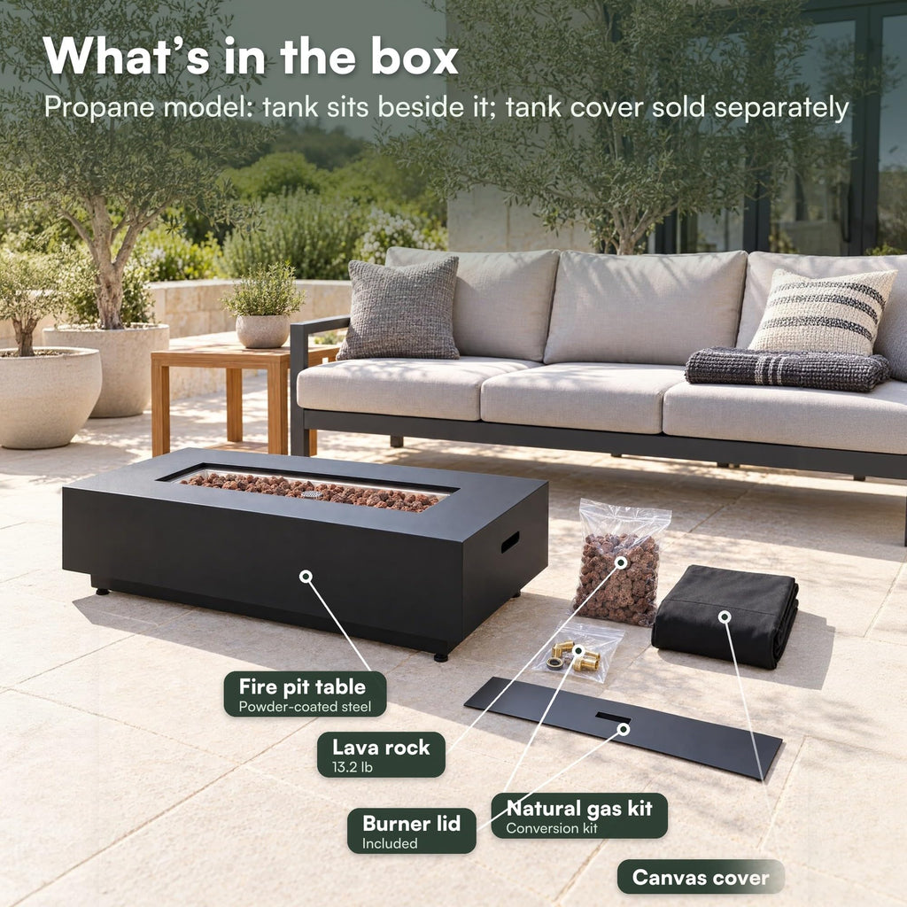 Westwood Fire Table Outdoor Fire Pit 50" x 26" Rectangular Propane Firepit Includes Lava Rocks 50, 000 BTUs Outdoor