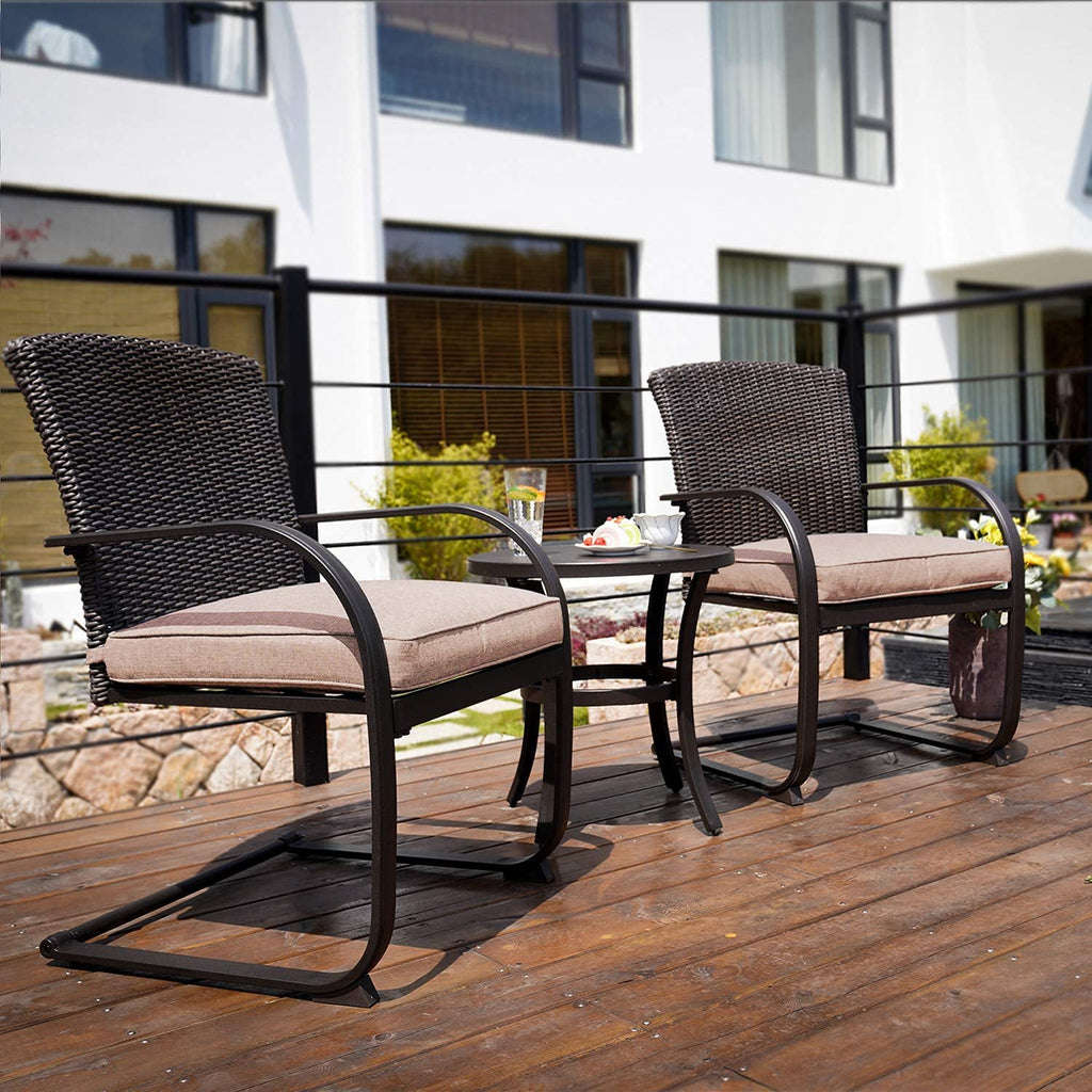3 Pieces Bistro Set, Outdoor Wicker Table Set, Rocking Wicker Chairs with Removable Cushions and Small Coffee Table