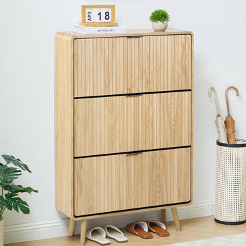 Narrow Shoe Cabinet Storage, Slim Tall Shoe Cabinet with 3 Flip Drawers, Fluted Shoes Rack Organizer (All Natural, 3