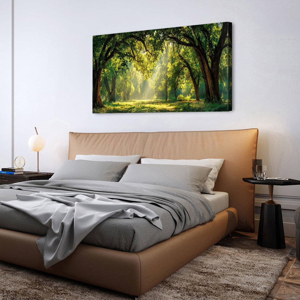 Green Forest Wall Art Panoramic Woodland Landscape Canvas Pictures Nature Wall Decor Sunrise Sunlight Trees Scenery