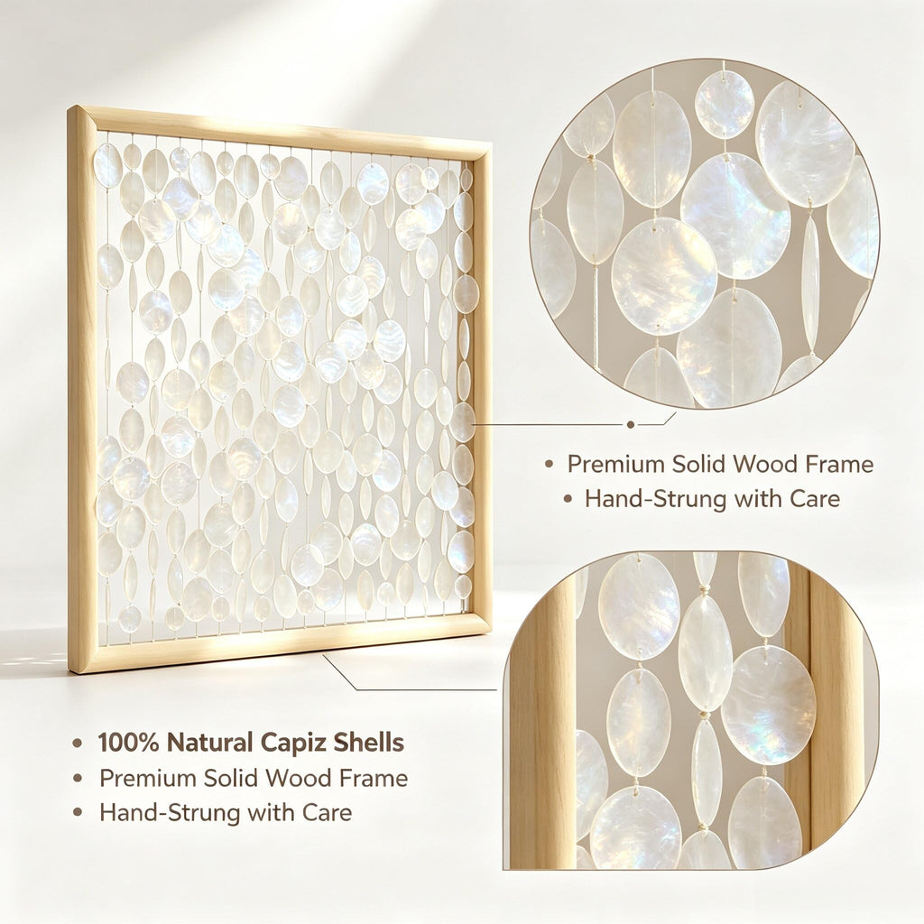 24x24 inch Handmade Capiz Shell Wall Art, Minimalist White Shell Wall Hanging with Wooden Frame, Coastal Wall Decor
